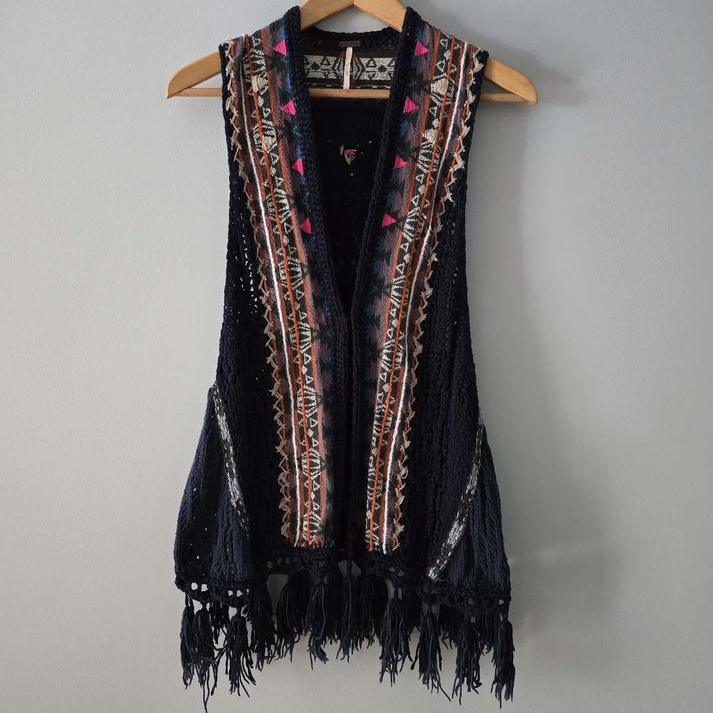 Free People Love Story Navy Knit Southwestern Bohemian Vest Size S